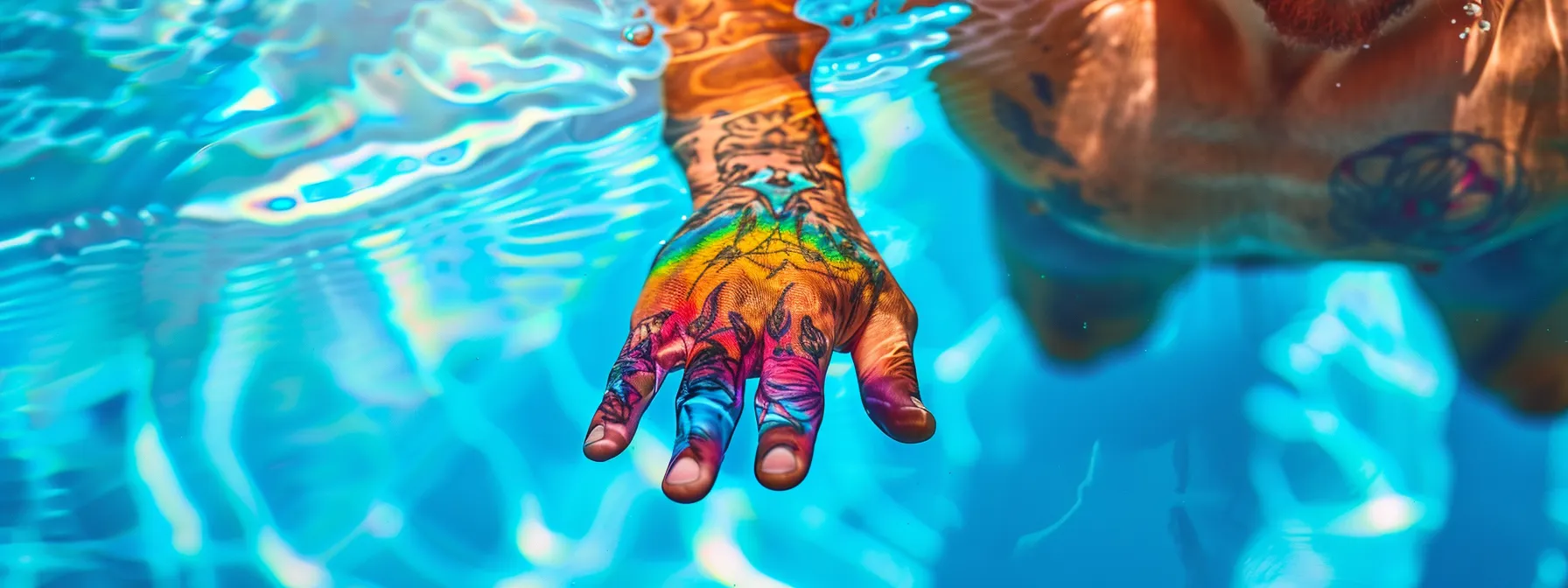 a vibrant, colorful tattoo being distorted and faded by chlorinated pool water. a vibrant, colorful tattoo being distorted and faded by chlorinated pool water.