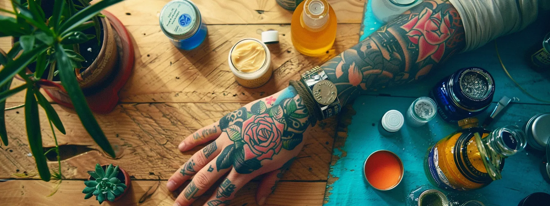 a vibrant, freshly inked tattoo on a person's arm, surrounded by healing ointment and careful skin care products. a vibrant, freshly inked tattoo on a person's arm, surrounded by healing ointment and careful skin care products.