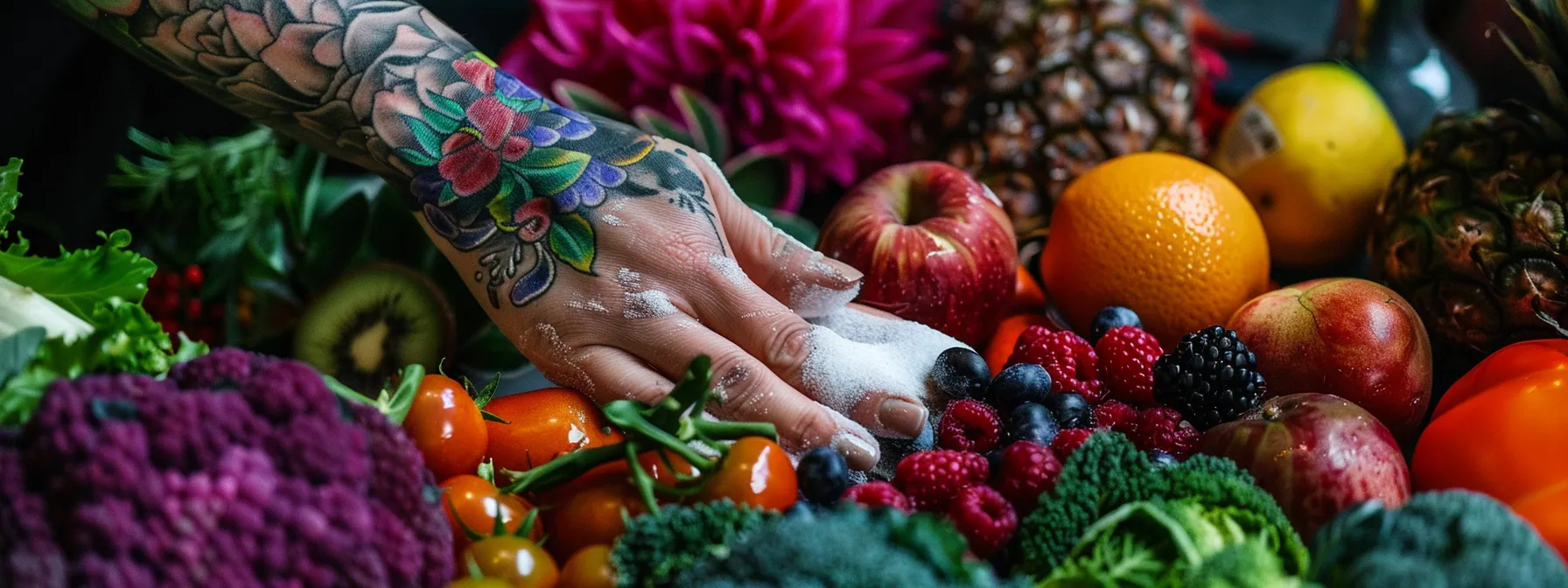 a vibrant, freshly inked tattoo being gently moisturized with healing ointment, surrounded by colorful fruits and vegetables symbolizing a nutrient-rich diet. a vibrant, freshly inked tattoo being gently moisturized with healing ointment, surrounded by colorful fruits and vegetables symbolizing a nutrient-rich diet.