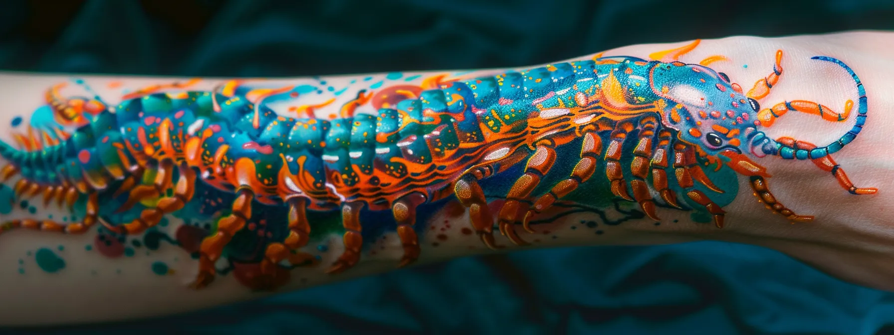 a vibrant, intricate centipede tattoo design adorning a person's arm, blending realistic and abstract elements with vibrant colors and patterns.