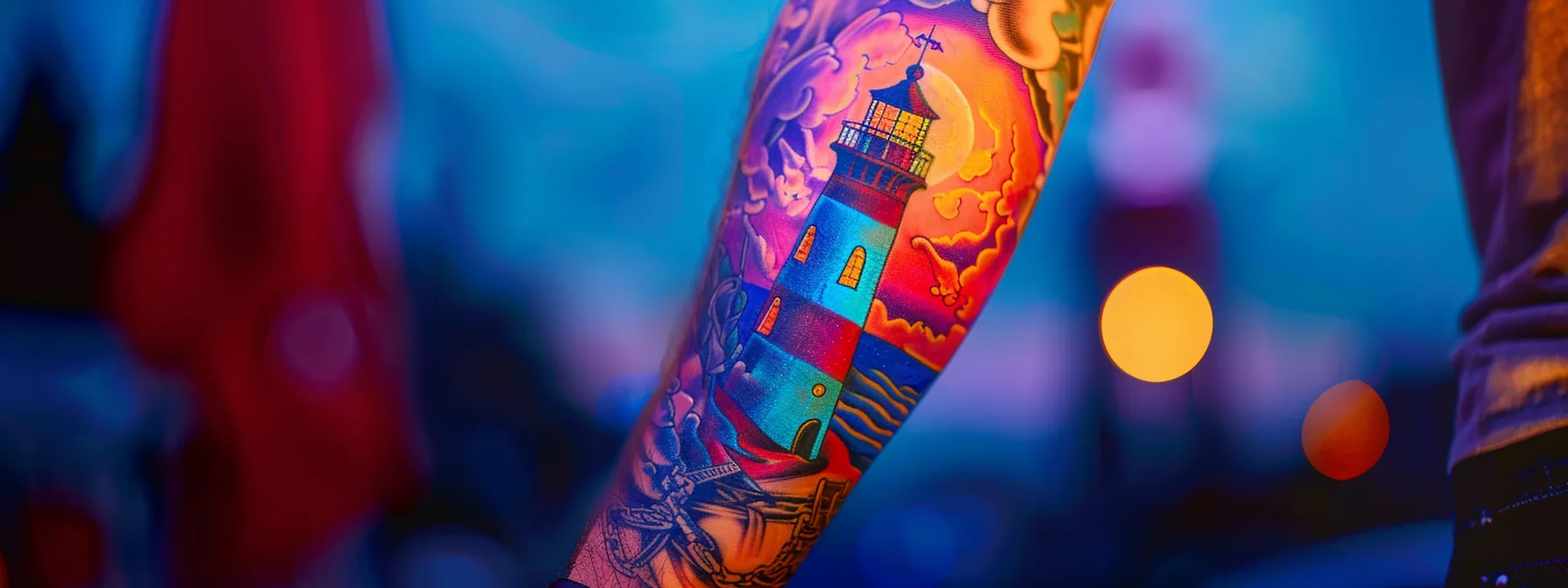 a vibrant lighthouse tattoo design with intricate details and personalized symbols coming to life on someone's forearm. a vibrant lighthouse tattoo design with intricate details and personalized symbols coming to life on someone's forearm.