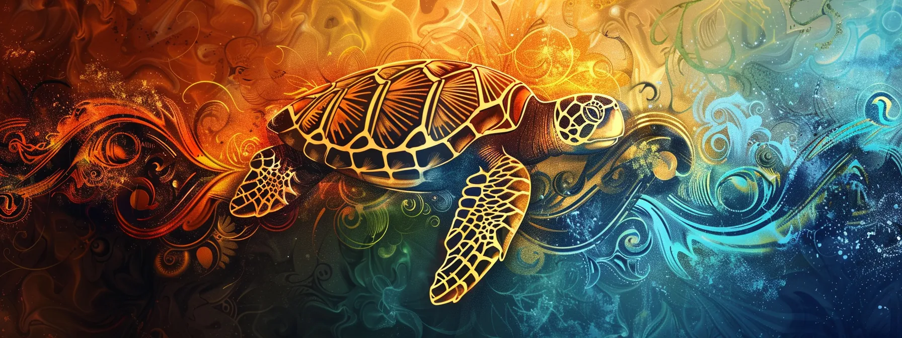 a vibrant polynesian tattoo of a sea turtle swimming gracefully through swirling ocean waves, symbolizing wisdom and endurance.