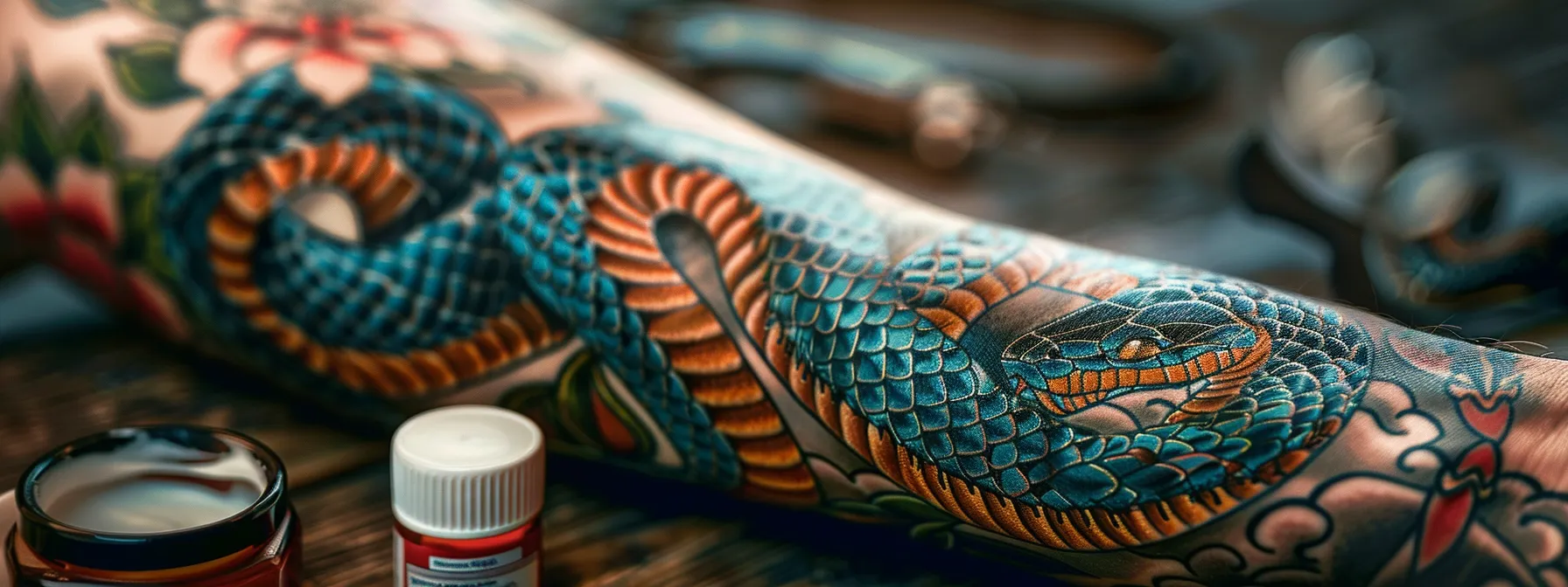 a vibrant snake tattoo winding gracefully around a forearm, surrounded by healing ointments and aftercare products to preserve its intricate design.