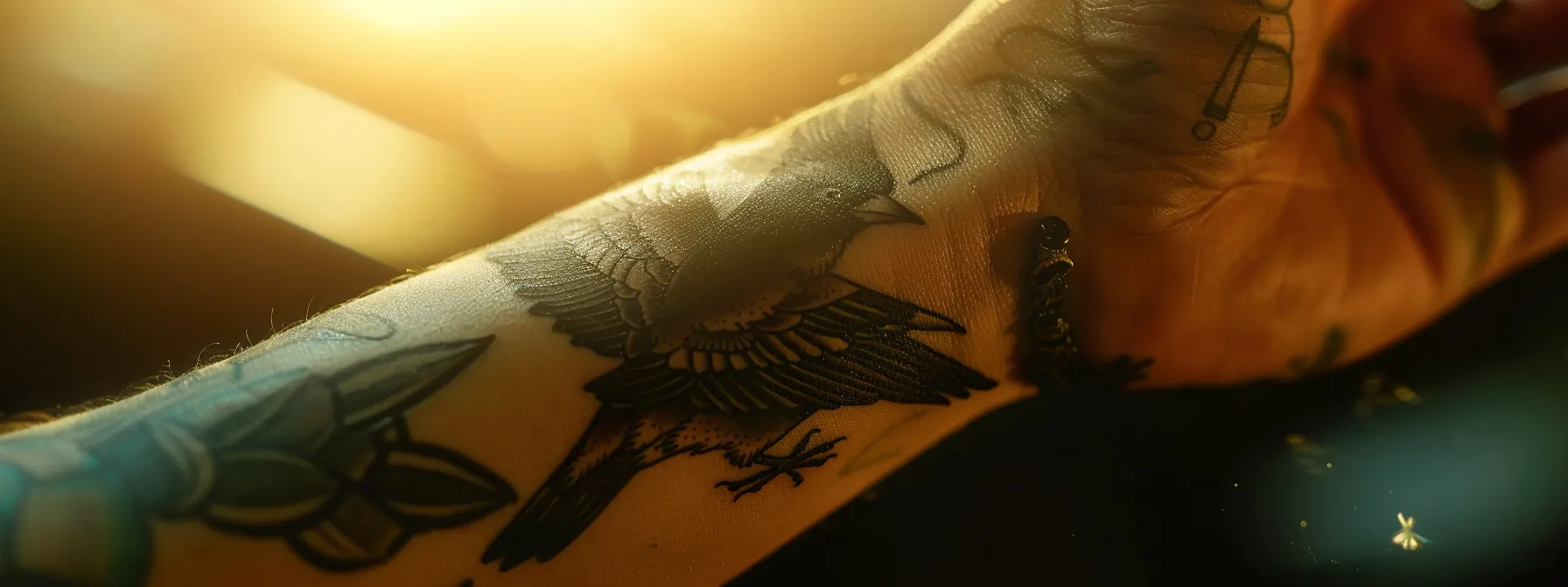 a vivid close-up photo of a detailed sparrow tattoo on someone's wrist, symbolizing freedom, love, hope, and community. a vivid close-up photo of a detailed sparrow tattoo on someone's wrist, symbolizing freedom, love, hope, and community.