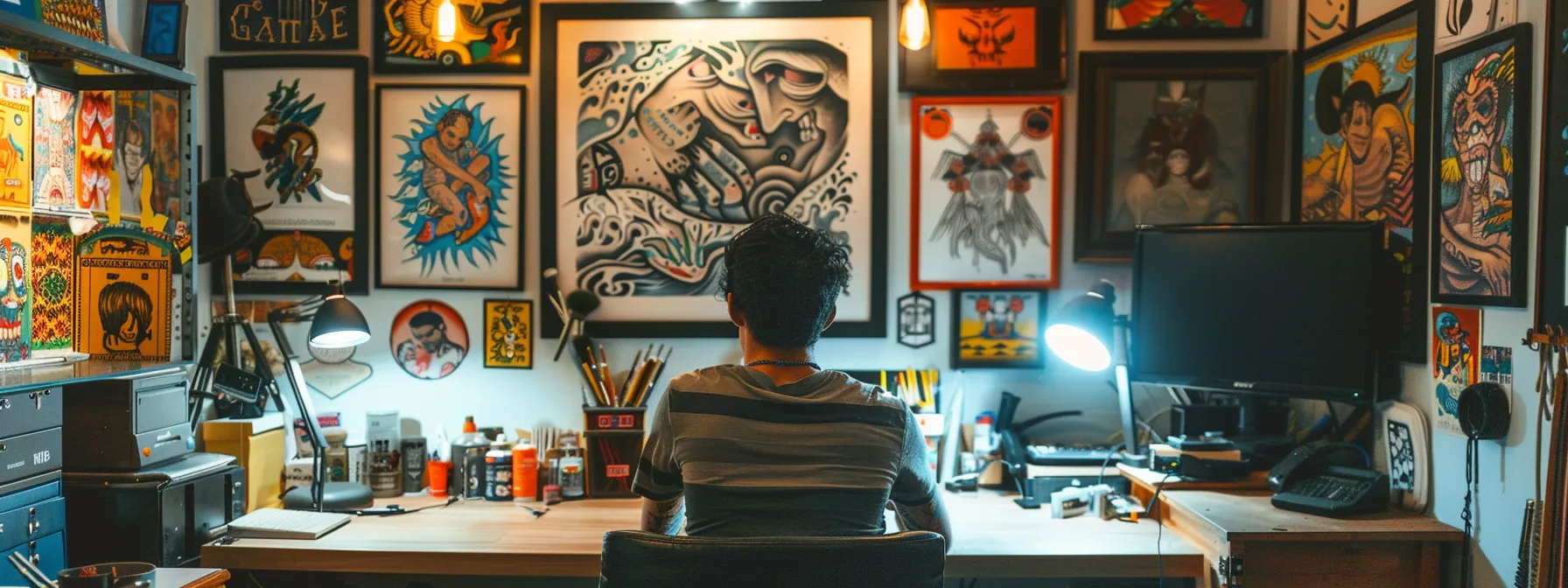 a young person sitting in a clean, well-lit tattoo studio, eagerly discussing plans with a professional artist while surrounded by colorful tattoo designs on the walls. a young person sitting in a clean, well-lit tattoo studio, eagerly discussing plans with a professional artist while surrounded by colorful tattoo designs on the walls.