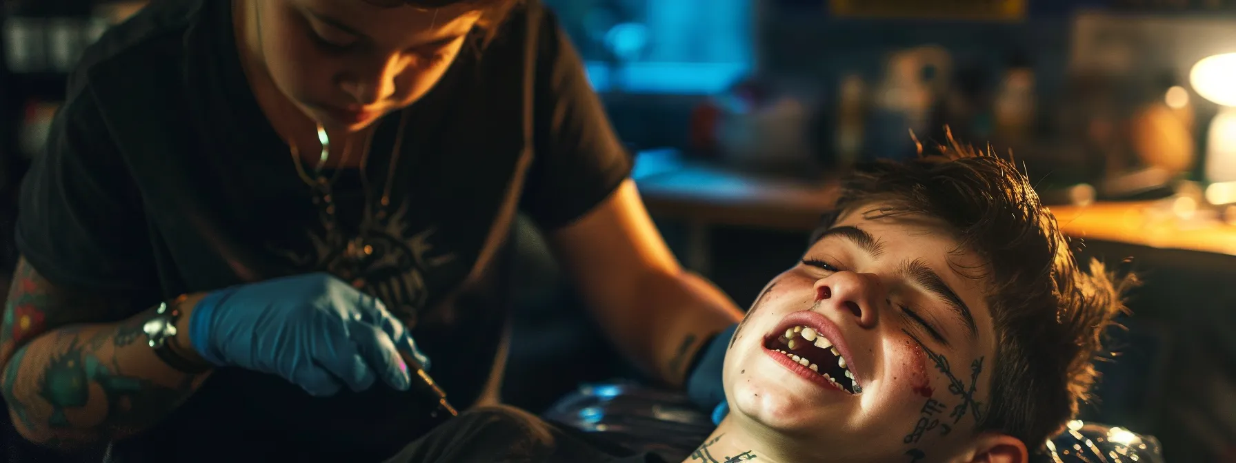 a young teen grimacing in pain while getting a tattoo from an unprofessional artist in a dimly lit, unsanitary studio. a young teen grimacing in pain while getting a tattoo from an unprofessional artist in a dimly lit, unsanitary studio.