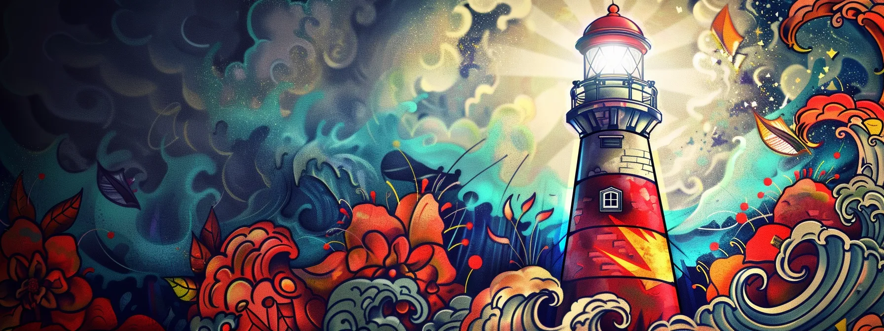 a bold and vibrant lighthouse tattoo design with intricate nautical elements symbolizing hope and guidance. a bold and vibrant lighthouse tattoo design with intricate nautical elements symbolizing hope and guidance.
