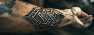 a bold, intricate valknut tattoo etched on a person's forearm, symbolizing power and protection.