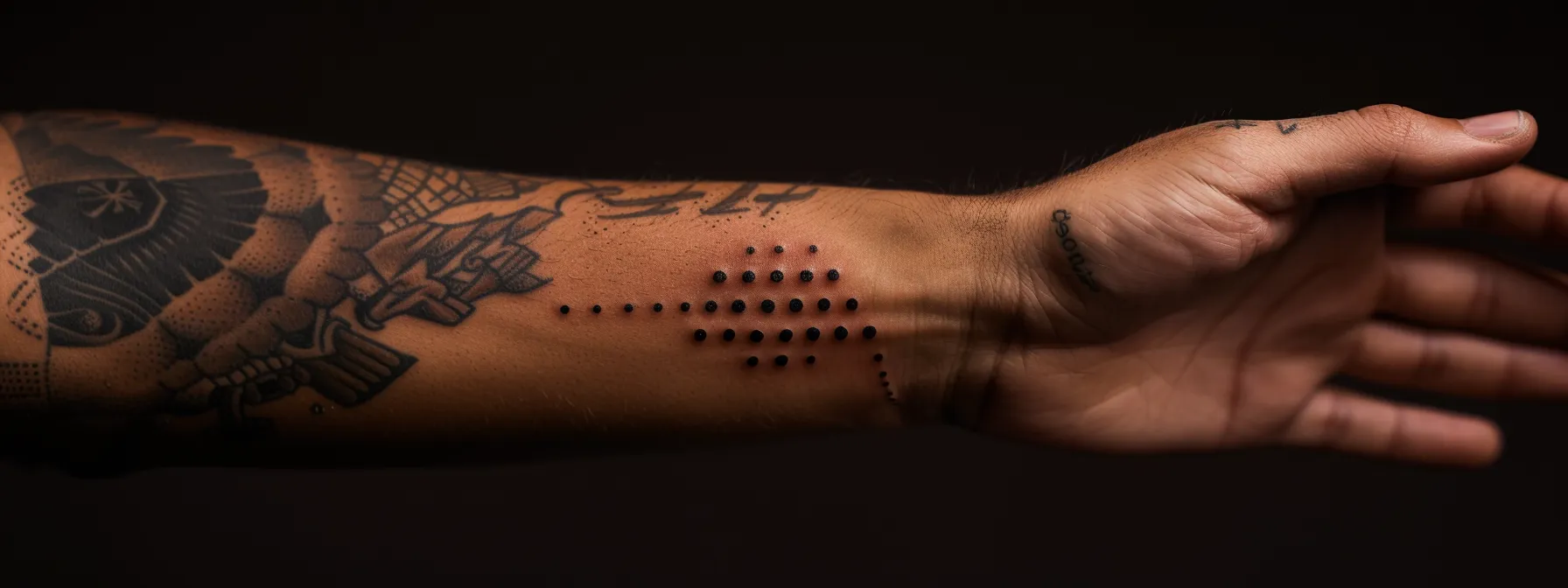 a close-up photo of three simple, yet profound, dots tattooed on someone's wrist, showcasing the diverse cultural interpretations of this symbolic design.