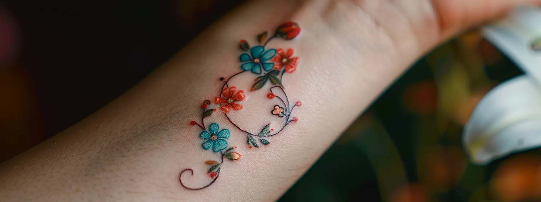 a close-up photo of a semicolon tattoo intertwined with delicate floral designs, showcasing the creativity and personalization of mental health journey symbolism.