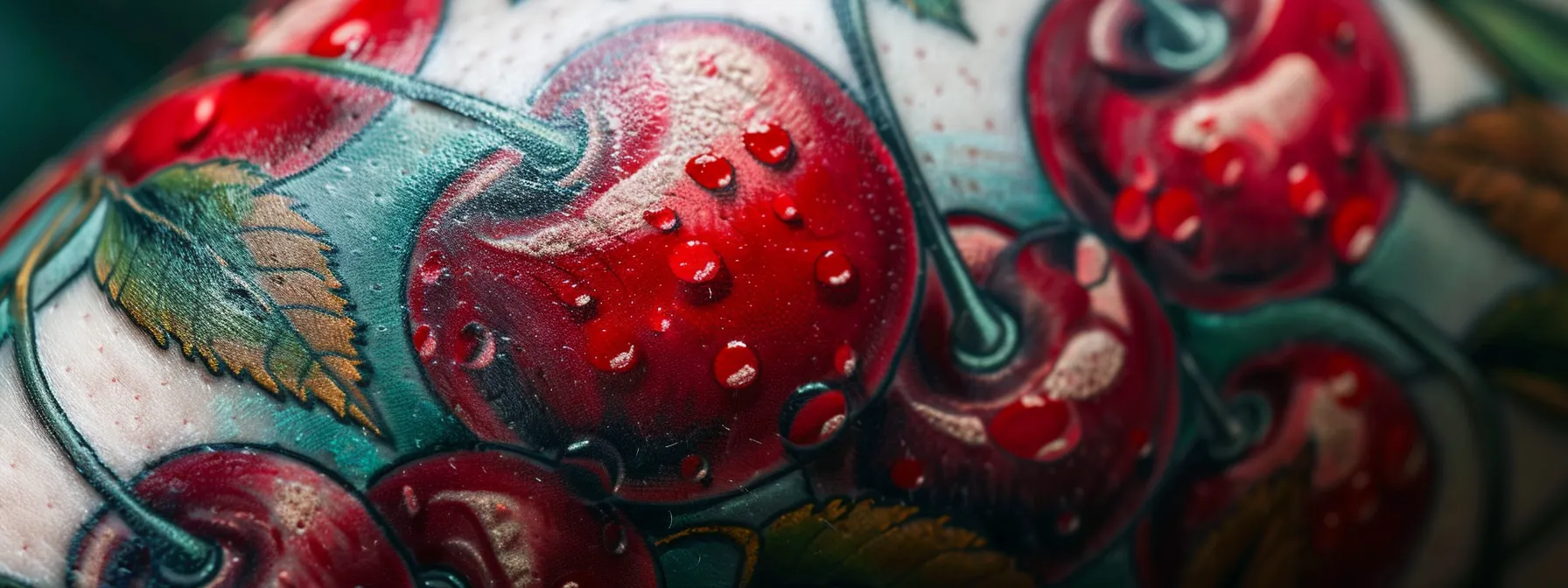 a close-up photo of a vivid cherry tattoo symbolizing innocence, desire, and personal growth.