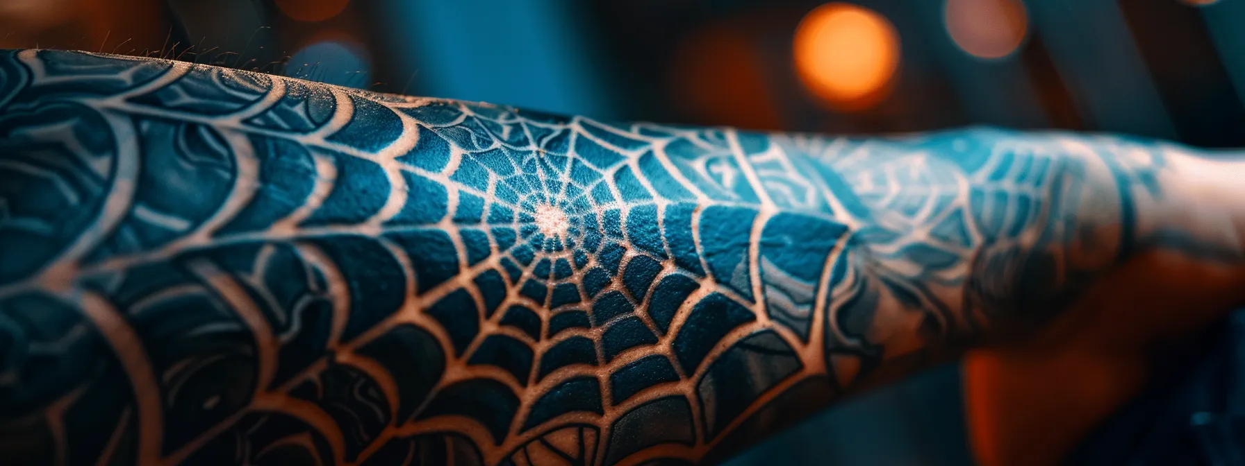 a close-up shot of a detailed spiderweb tattoo on someone's arm, capturing the intricate design and personal significance behind it.