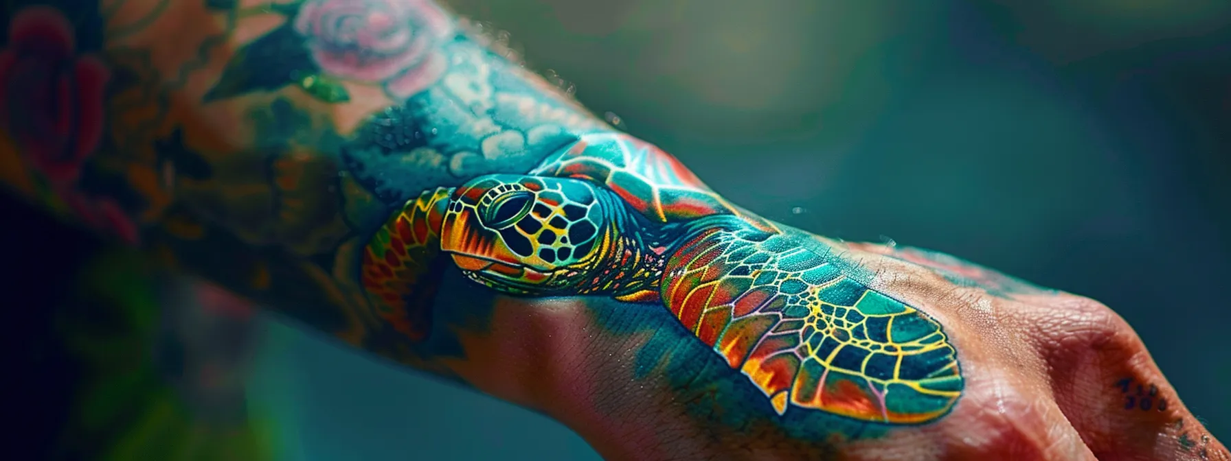 a close-up shot of a colorful turtle tattoo on a person's wrist, showcasing intricate details and symbolic significance.