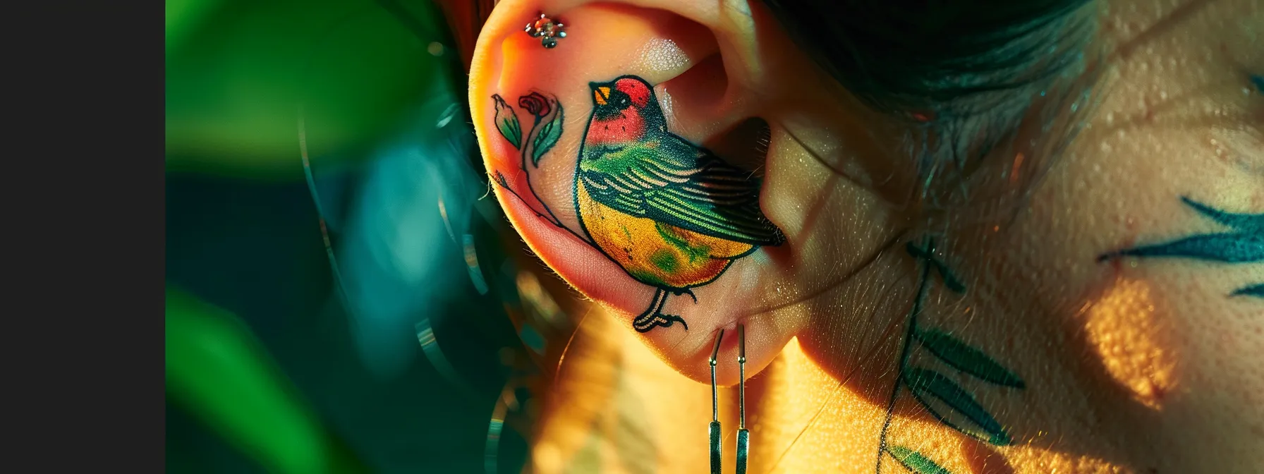 a colorful sparrow tattoo intricately illustrated on someone's ear, showcasing the cultural significance of sparrows in global tattoo traditions. a colorful sparrow tattoo intricately illustrated on someone's ear, showcasing the cultural significance of sparrows in global tattoo traditions.