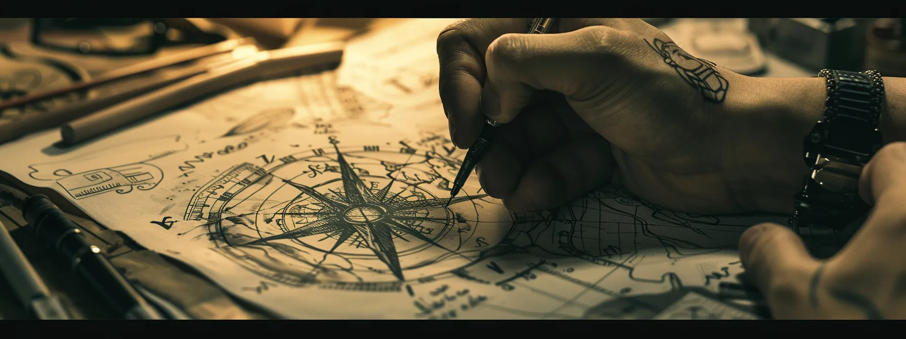 a detailed and intricate compass tattoo design being sketched by a talented artist, with various placement options displayed for consideration. a detailed and intricate compass tattoo design being sketched by a talented artist, with various placement options displayed for consideration.