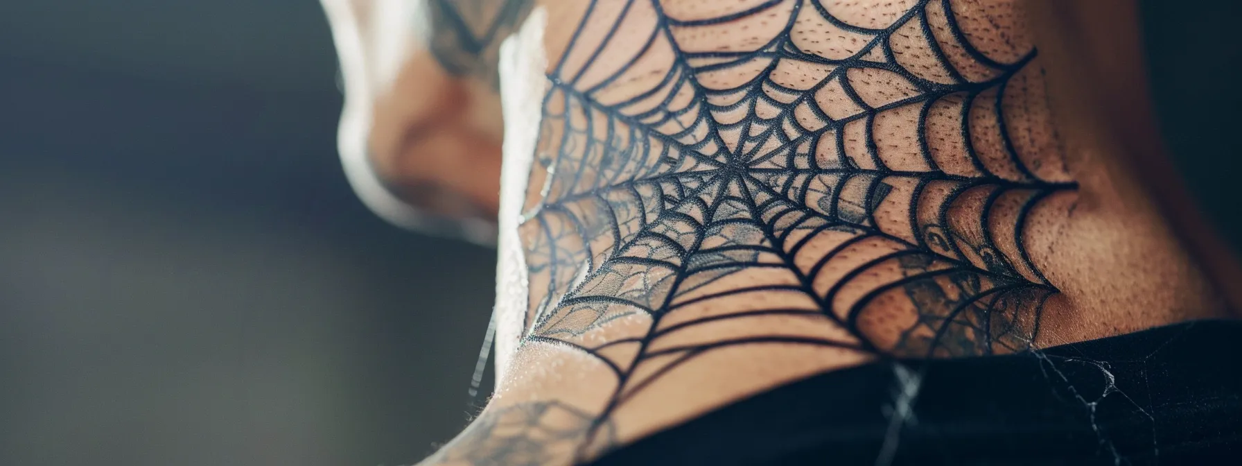 a detailed and intricate spiderweb tattoo on the neck of a person, symbolizing the evolution of its meaning from incarceration to popular culture.