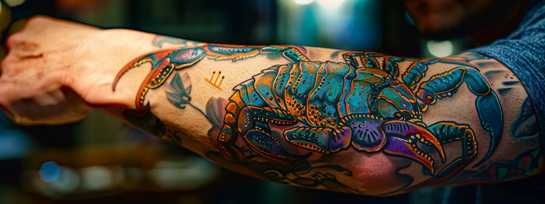 a detailed scorpion tattoo intricately designed on a person's forearm with shadowed edges and vibrant colors.