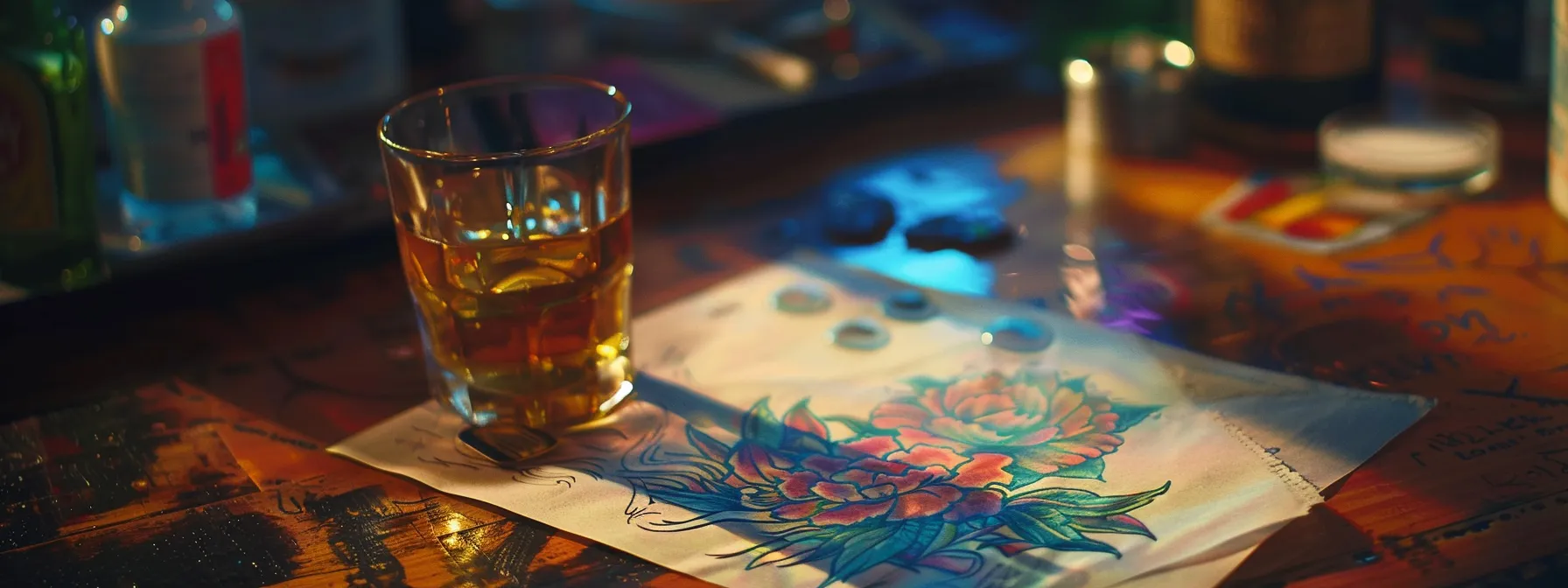 fresh tattoo with vibrant colors and intricate designs, surrounded by healing ointment, next to a glass of untouched water, showcasing a period of recommended abstinence from alcohol for proper healing. fresh tattoo with vibrant colors and intricate designs, surrounded by healing ointment, next to a glass of untouched water, showcasing a period of recommended abstinence from alcohol for proper healing.