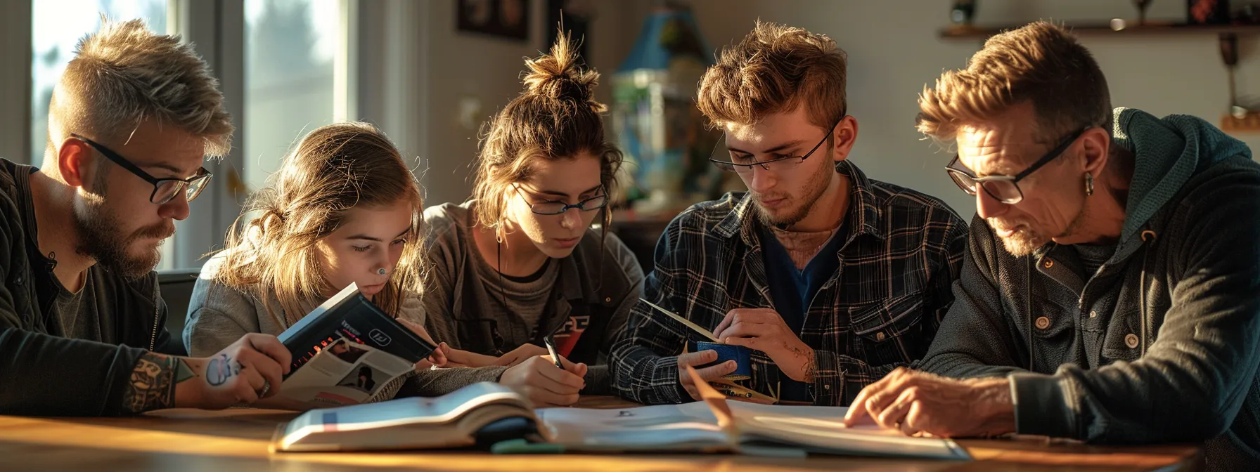 a group of teenagers and parents sitting around a table, studying a book on tattoo laws, with a serious and thoughtful expression on their faces. a group of teenagers and parents sitting around a table, studying a book on tattoo laws, with a serious and thoughtful expression on their faces.