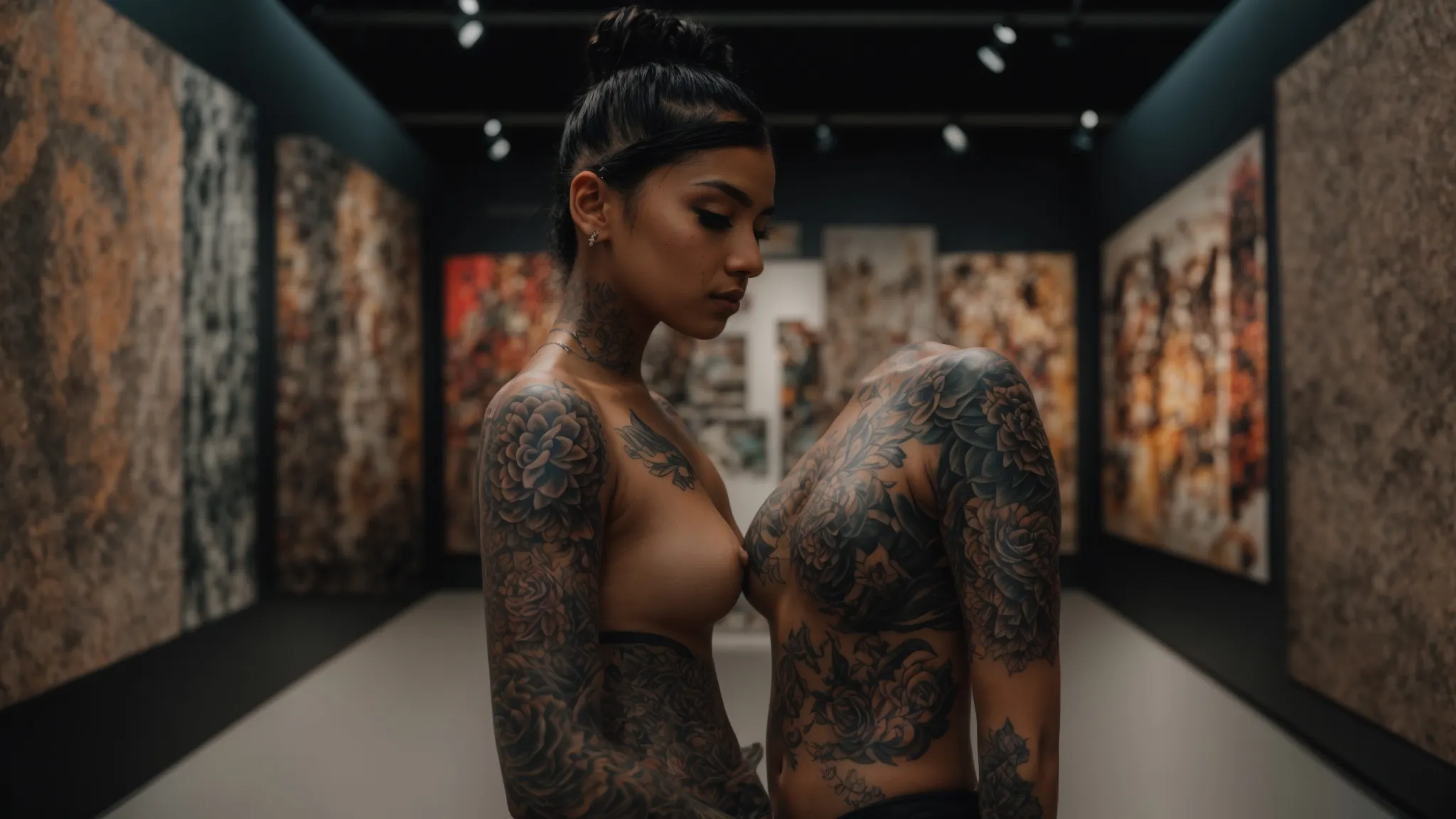 a modern art exhibit showcasing diverse interpretations of succubus tattoos, juxtaposing traditional and contemporary styles to reflect evolving societal views.