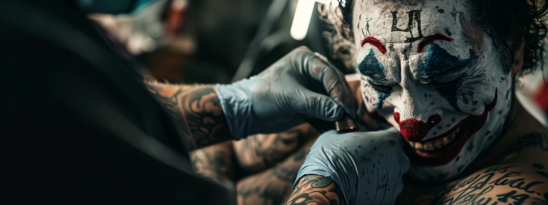 a modern, edgy tattoo artist carefully etching a dark, realistic joker design on a client's arm, with iconic quotes incorporated for added depth and personal meaning. a modern, edgy tattoo artist carefully etching a dark, realistic joker design on a client's arm, with iconic quotes incorporated for added depth and personal meaning.