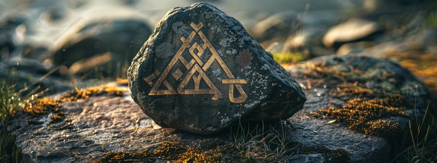 a mystical viking rune carved into a weathered stone altar, symbolizing the divine connection between odin and the valknut.