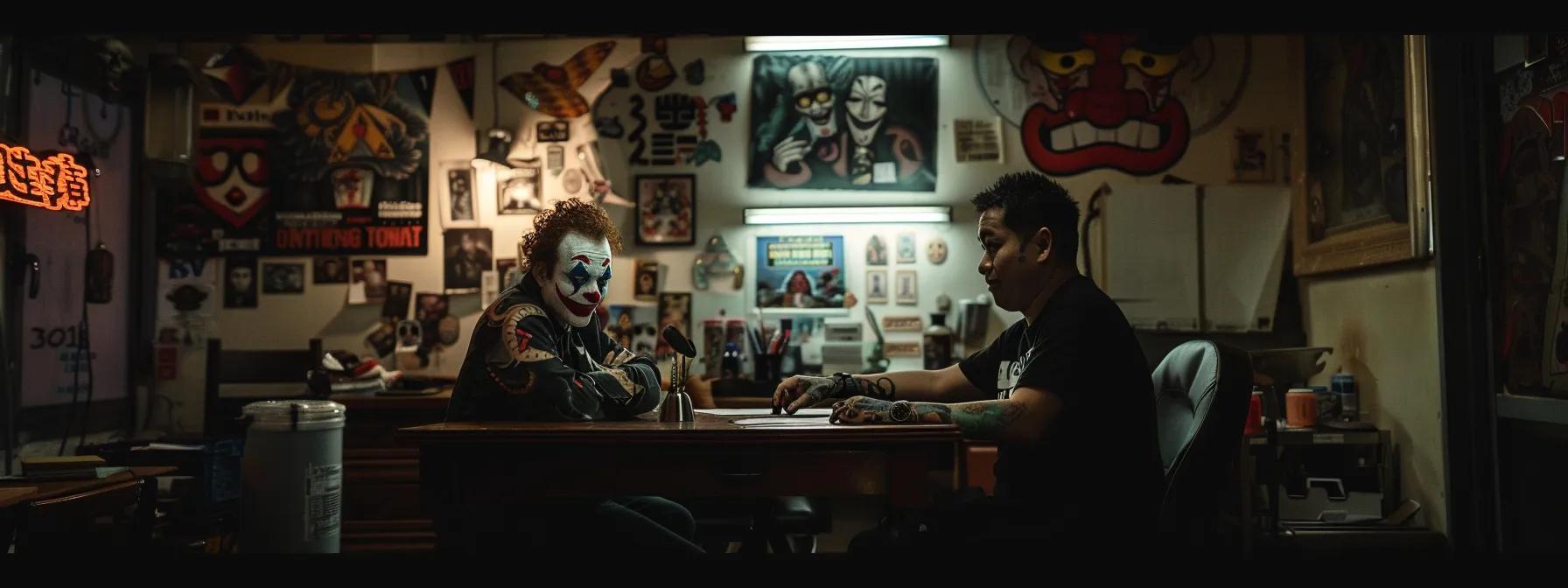 a person carefully discussing joker tattoo design options with a skilled artist in a dimly lit tattoo studio. a person carefully discussing joker tattoo design options with a skilled artist in a dimly lit tattoo studio.