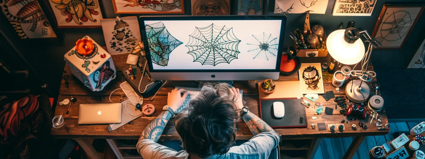 a person carefully examining different spiderweb tattoo designs on a computer screen, surrounded by various symbolic images and cultural references for inspiration.