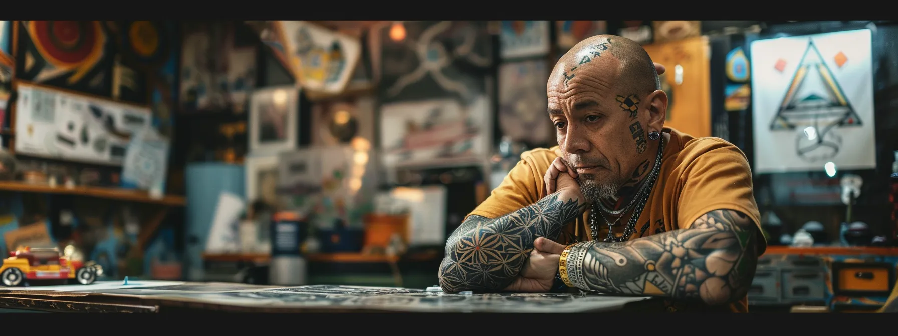 a person deep in thought, surrounded by intricate geometric designs and symbols, selecting the perfect triangle tattoo for their personalized body art.