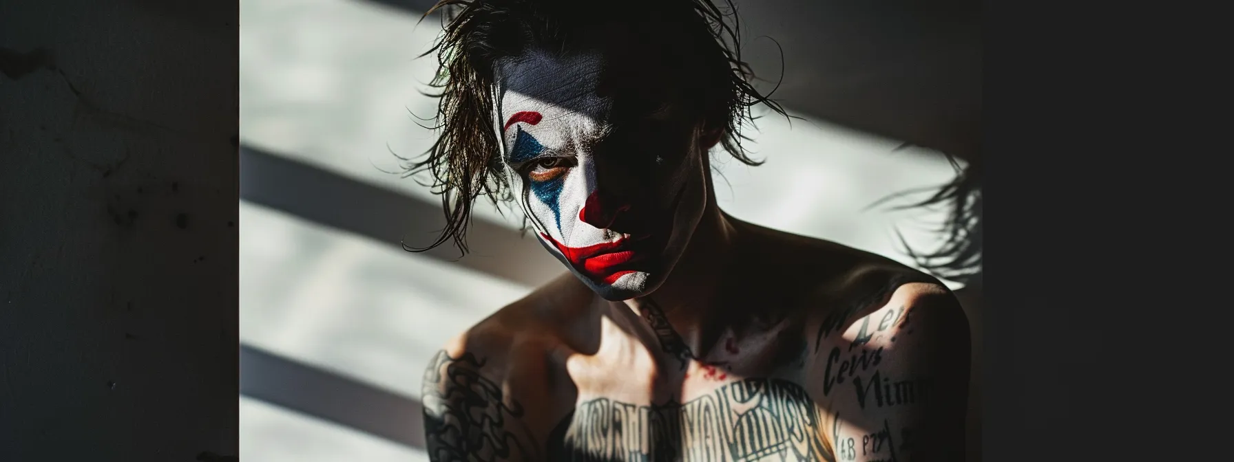 a person revealing a hidden joker tattoo, embodying the allure of antiheroes and exploring their shadow self. a person revealing a hidden joker tattoo, embodying the allure of antiheroes and exploring their shadow self.