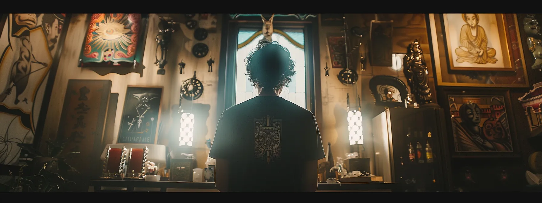 a person standing in front of a mirror, contemplating a tattoo design, surrounded by religious symbols and art.