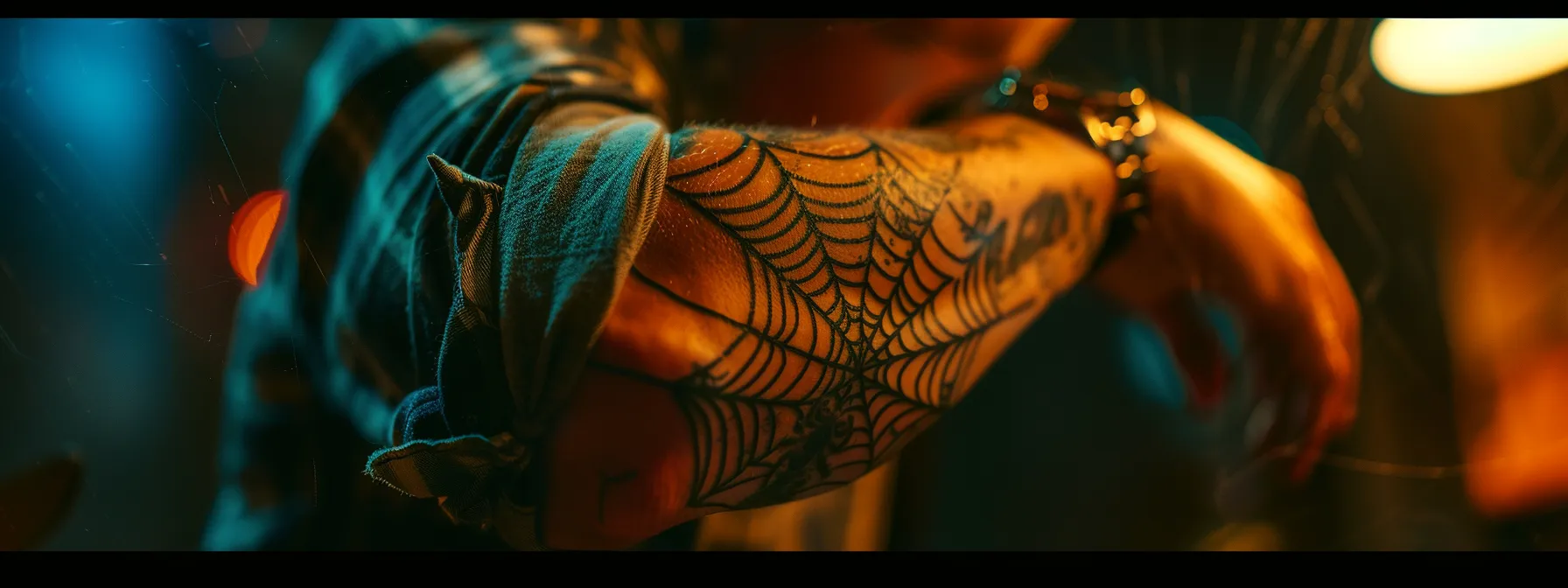 a person with a spiderweb tattoo on their arm, symbolizing personal struggles and resilience.