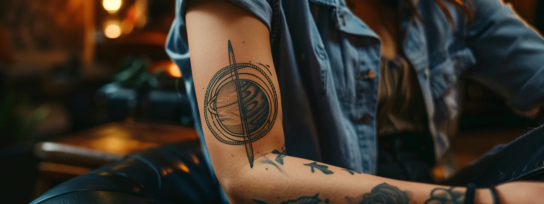 a person with a striking saturn tattoo on their forearm, symbolizing resilience, growth, and personal transformation.