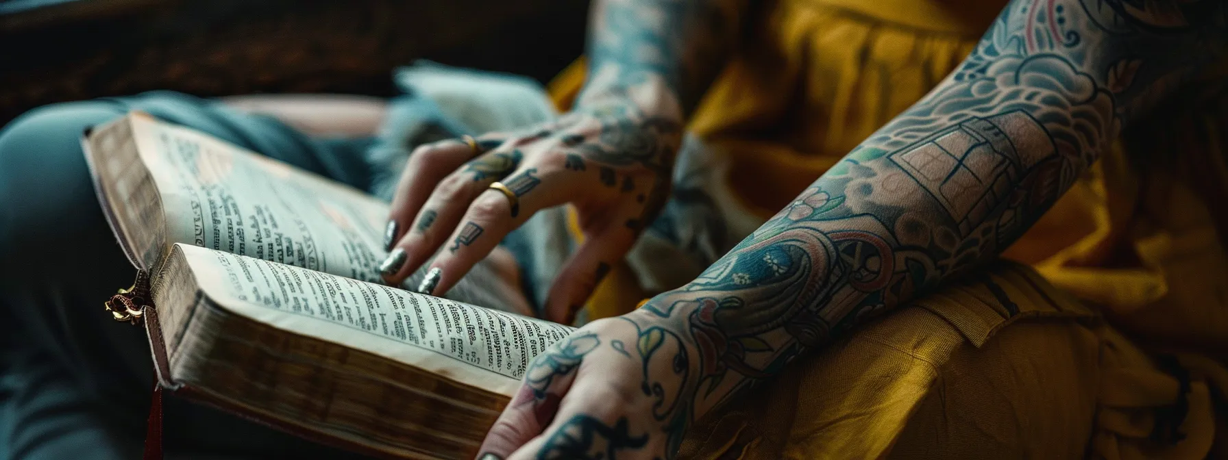 a person with intricate religious tattoos covering their arms, depicting symbols of covenant, righteousness, and devotion, while reading a sacred text like the gospel.