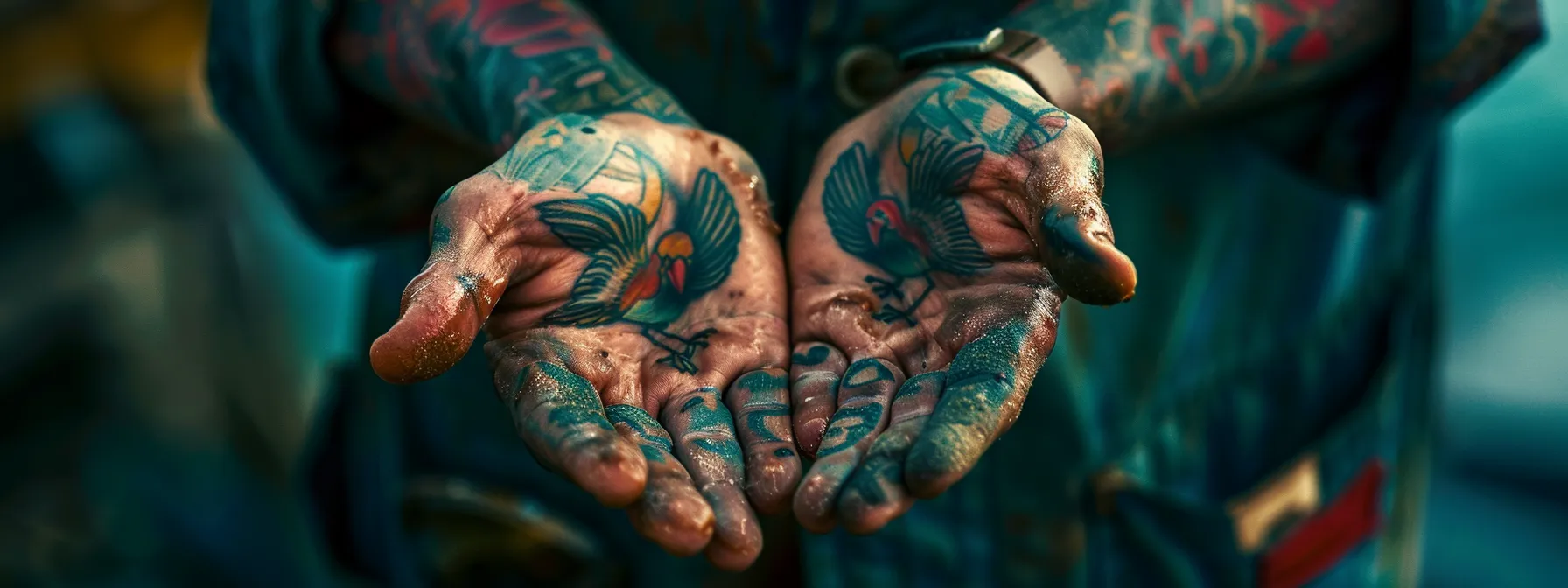 a sailor's weathered hands proudly display a vibrant sparrow tattoo, symbolizing tales of the sea and nautical traditions. a sailor's weathered hands proudly display a vibrant sparrow tattoo, symbolizing tales of the sea and nautical traditions.