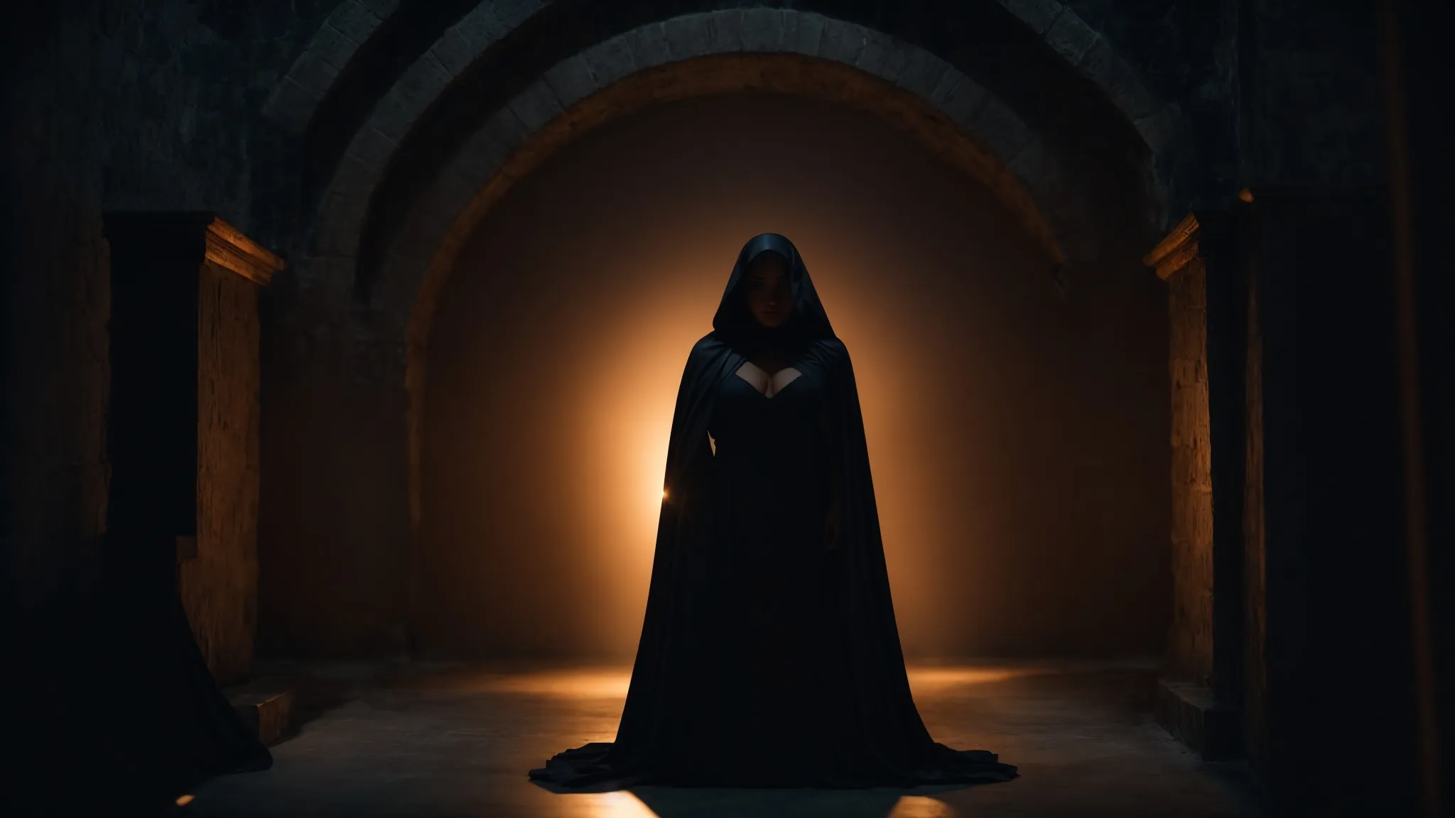 a seductive succubus, cloaked in shadow, gazes intently with glowing eyes, embodying temptation and mystery in folklore.