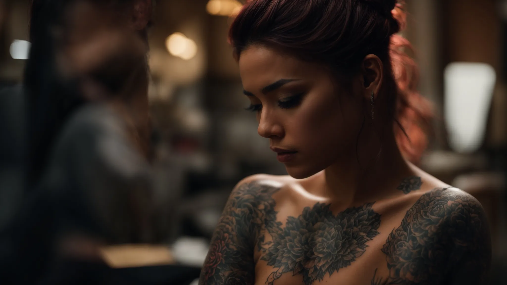 a skilled tattoo artist delicately crafting a detailed succubus design on a person's skin, capturing the essence of personal symbolism and meticulous aftercare considerations for a lasting masterpiece.