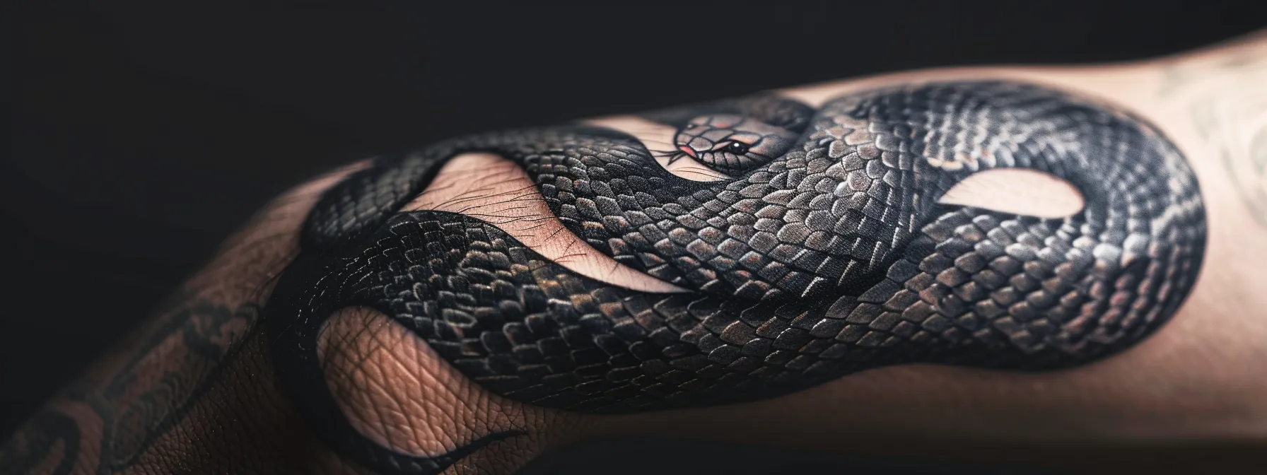 a striking black and grey snake tattoo coiled around a muscular arm, showcasing intricate details and ancient symbolism.