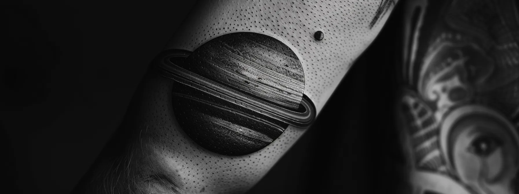 a striking black and white tattoo of saturn with intricate rings symbolizing wisdom and personal growth.