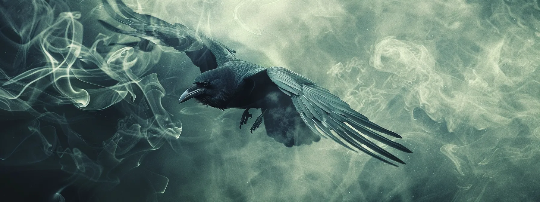 a striking black crow tattoo symbolizing mystery and intelligence against a backdrop of dark, swirling smoke.