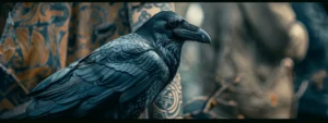 a striking black raven tattoo, intricately detailed with mystical symbols, perched on a forearm.