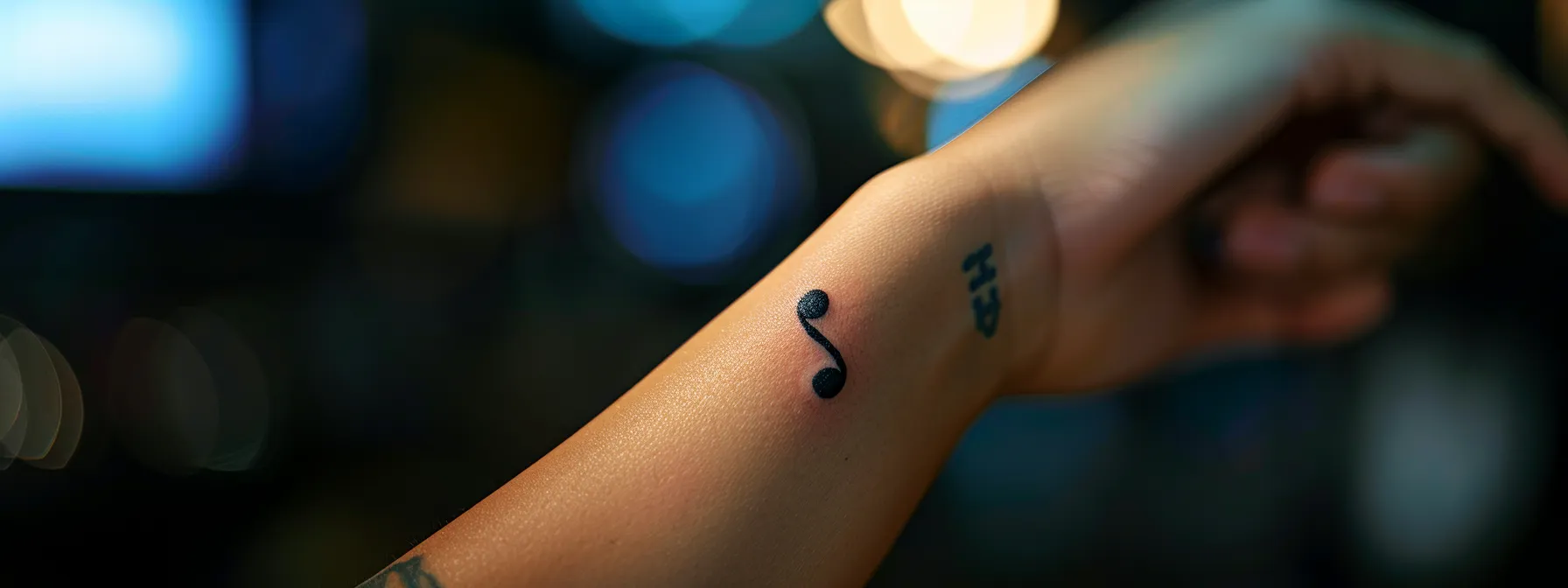 a striking black semicolon tattoo on a person's wrist, symbolizing hope and resilience in the face of mental health challenges.