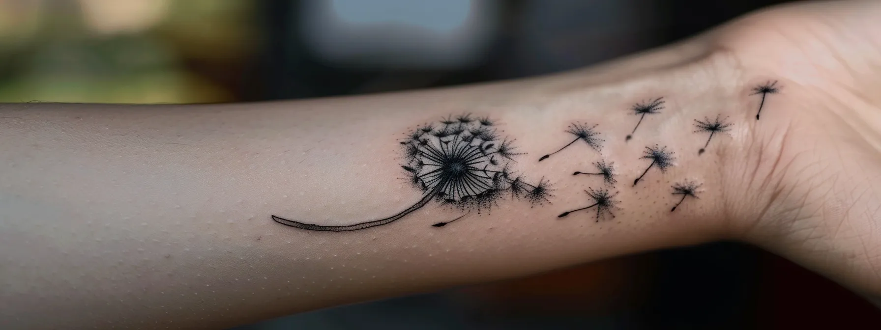 a striking close-up photo of a dandelion tattoo with delicate seeds blowing away, symbolizing wishes and freedom.