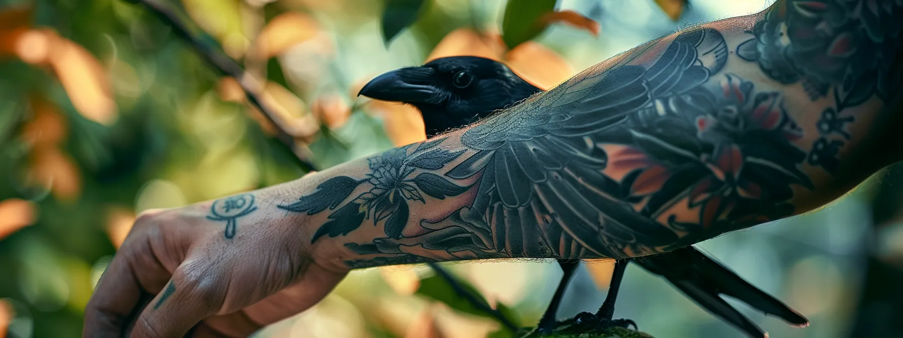 a striking crow tattoo on a person's arm exuding personal strength and resilience. a striking crow tattoo on a person's arm exuding personal strength and resilience.