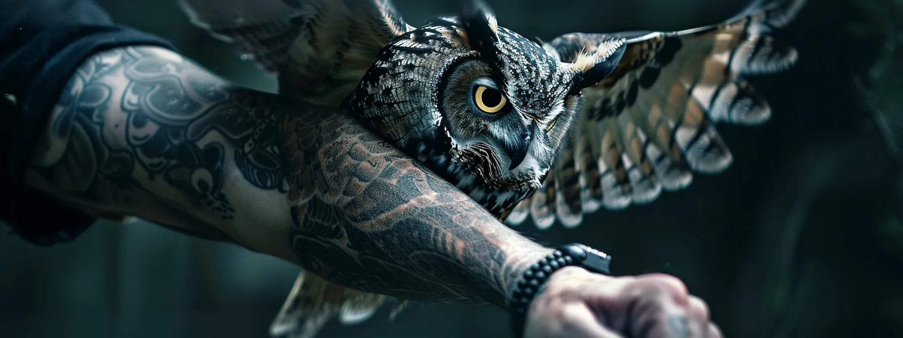a striking forearm tattoo of a majestic owl, symbolizing intelligence and wisdom, against a dark, mystical background. a striking forearm tattoo of a majestic owl, symbolizing intelligence and wisdom, against a dark, mystical background.