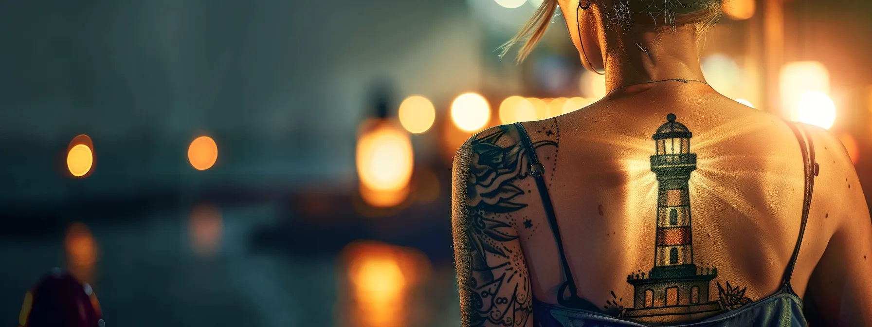 a striking lighthouse tattoo beautifully inked on the upper back, standing tall and prominent against the skin. a striking lighthouse tattoo beautifully inked on the upper back, standing tall and prominent against the skin.
