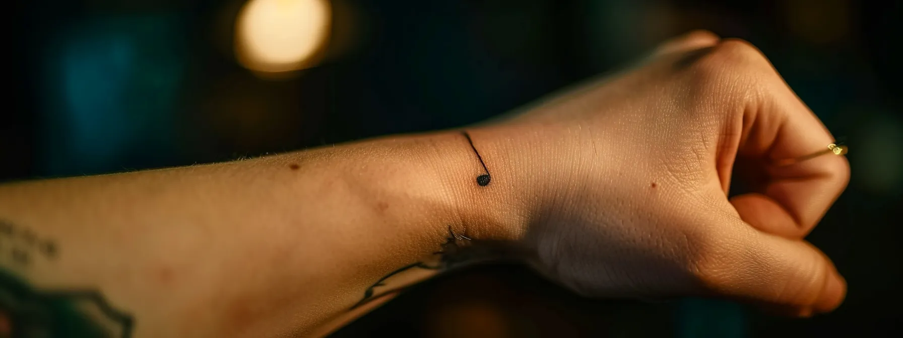 a striking semicolon tattoo inked on a wrist, symbolizing strength and resilience in the face of personal struggles.