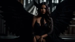 a sultry succubus with intricate, dark wings emerging from the shadows.