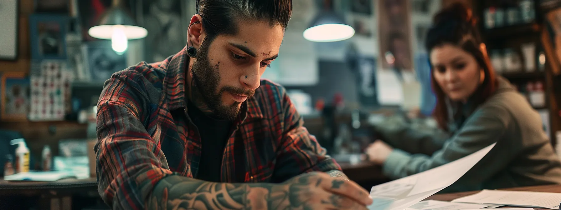 a tattoo artist carefully examining a portfolio showcasing intricate scar cover-up designs, with a client discussing design options in the background.