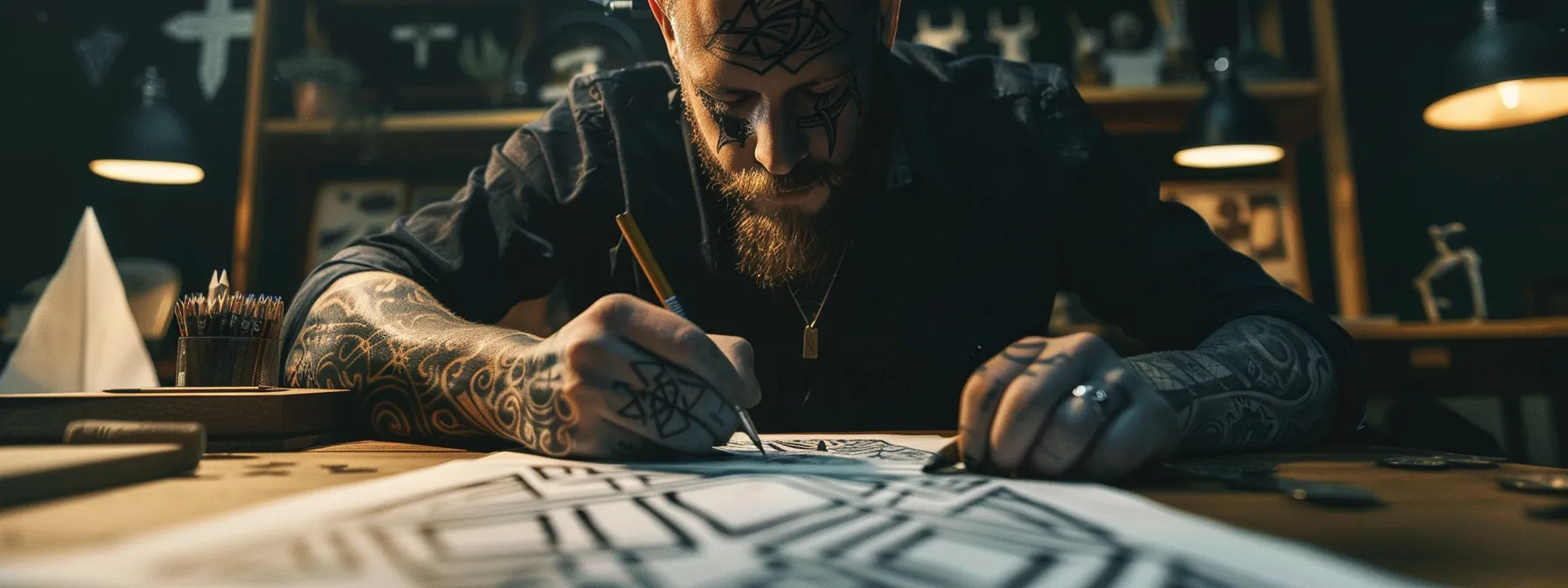 a tattoo artist carefully sketching a detailed valknut symbol surrounded by intricate norse patterns, embodying the rich history and cultural significance of viking art.